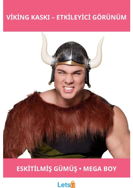 Mega Boynuzlu Viking Ivar Kaskı Eskitilmiş Desen Gümüş Renk