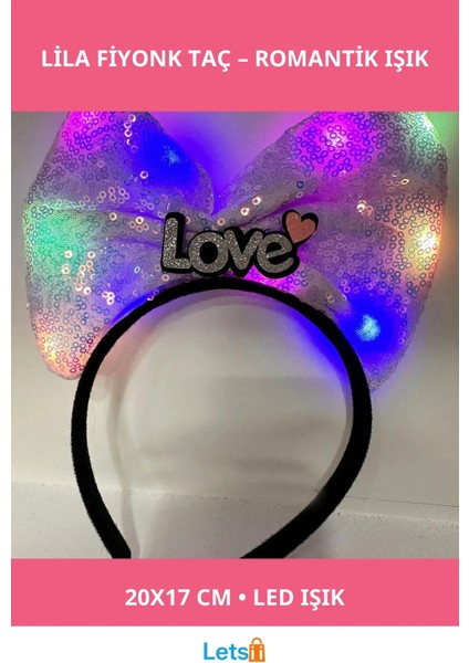 LED Işıklı Gümüş Love Yazılı Lila Fiyonk Taç