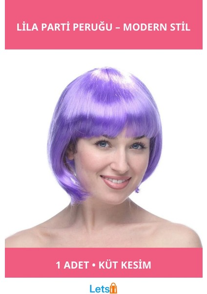 Lila Kısa Küt Saç Parti Peruğu Özel Günler Için