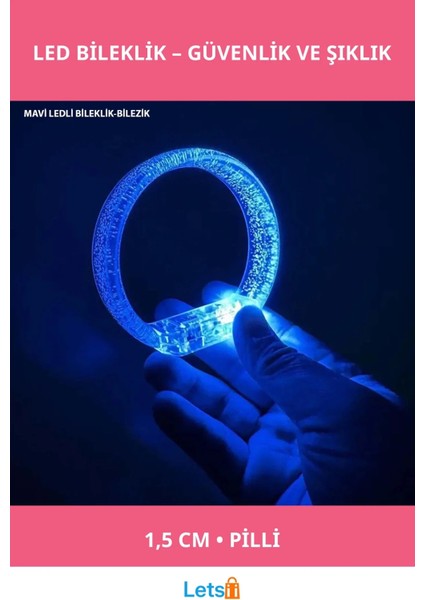 Mavi LED Işıklı Pilli Baskı Yapılabilen Bileklik Bilezik 1,5 cm