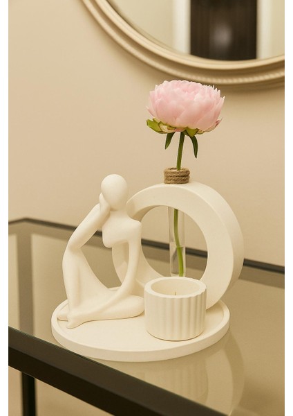 Dekoratif Düşünen Adam, Tüplü Yuvarlak Vazo ve Mumluk Hediye Seti