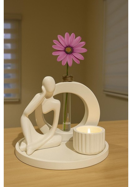 Dekoratif Düşünen Adam, Tüplü Yuvarlak Vazo ve Mumluk Hediye Seti fiyatları