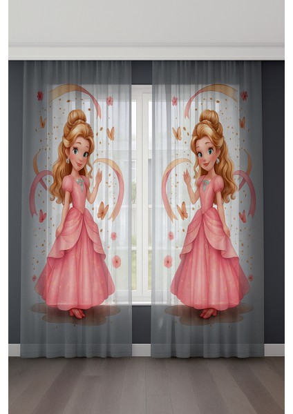 Pembe Prenses Kelebekli Çocuk Odası Tül Perde