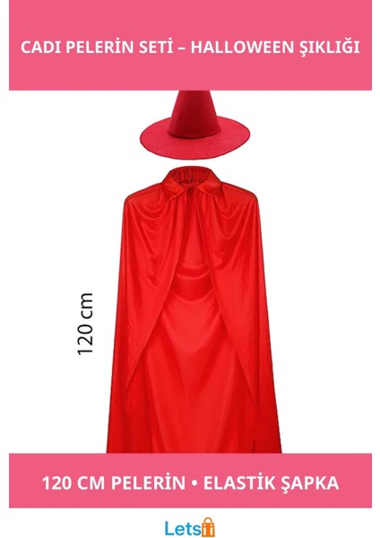 Yetişkin Boy Kırmızı Yakalı Pelerin ve Cadı Şapkası Kostümü