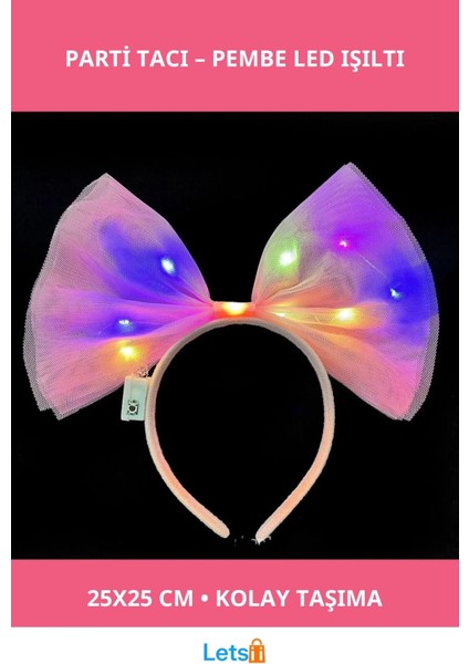 Rengarenk LED Işıklı Fiyonk Tül Parti Tacı Pembe 25X25 cm