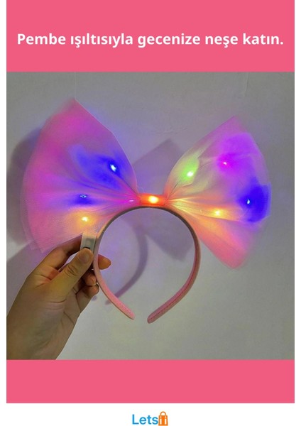 Rengarenk LED Işıklı Fiyonk Tül Parti Tacı Pembe 25X25 cm fiyatları