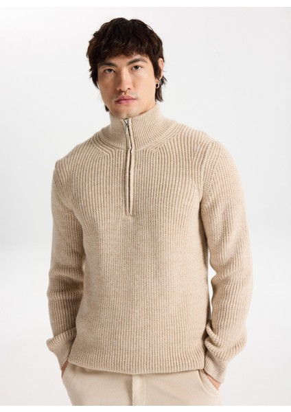 Fermuarlı Yaka Normal Örgü Desenli Bej Erkek Kazak M5WM-KZK1540