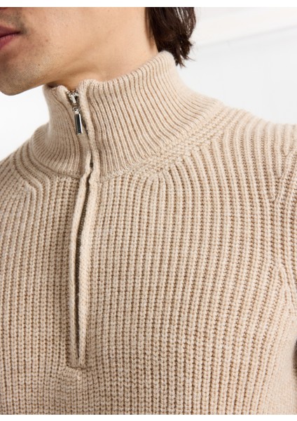 Fermuarlı Yaka Normal Örgü Desenli Bej Erkek Kazak M5WM-KZK1540 indirimleri
