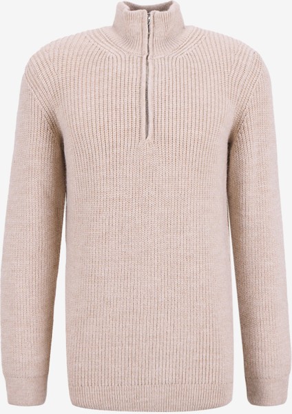 Fermuarlı Yaka Normal Örgü Desenli Bej Erkek Kazak M5WM-KZK1540