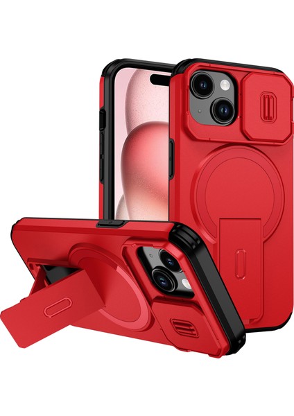 iPhone 15 Için Manyetik Kılıf, Kayar Kamera Korumalı Çift Katmanlı Darbeye Dayanıklı Telefon Kılıfı, Ayarlanabilir Stand, Kırmızı (Yurt Dışından)