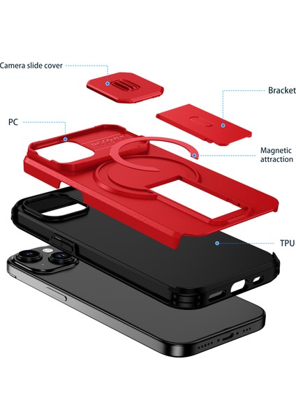 iPhone 15 Için Manyetik Kılıf, Kayar Kamera Korumalı Çift Katmanlı Darbeye Dayanıklı Telefon Kılıfı, Ayarlanabilir Stand, Kırmızı (Yurt Dışından) fiyatları