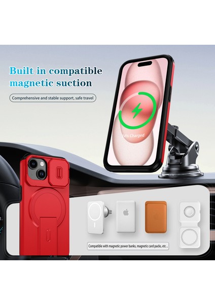 iPhone 15 Için Manyetik Kılıf, Kayar Kamera Korumalı Çift Katmanlı Darbeye Dayanıklı Telefon Kılıfı, Ayarlanabilir Stand, Kırmızı (Yurt Dışından) modelleri