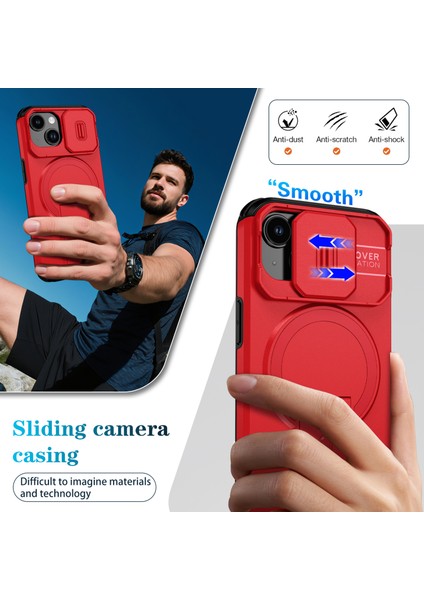 iPhone 15 Için Manyetik Kılıf, Kayar Kamera Korumalı Çift Katmanlı Darbeye Dayanıklı Telefon Kılıfı, Ayarlanabilir Stand, Kırmızı (Yurt Dışından) fırsatları