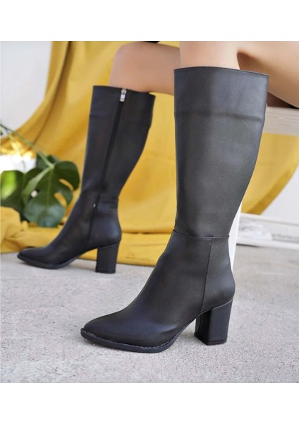 Kadın Fermuarlı Diz Altı Sivri Burun Uzun Çizme Bot - Siyah - 37