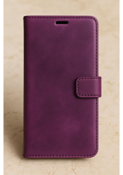 Samsung Galaxy A36 5g Kılıf Gerçek Hakiki Deri Kapaklı Kartlıklı Standlı Renk Mor