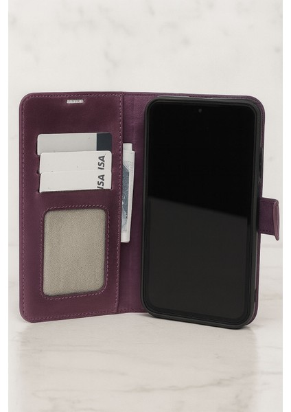 Samsung Galaxy A36 5g Kılıf Gerçek Hakiki Deri Kapaklı Kartlıklı Standlı Renk Mor fiyatları