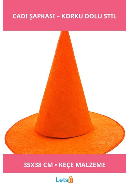 Parlak Turuncu Keçe Cadı Şapkası Cadılar Bayramı Aksesuarı