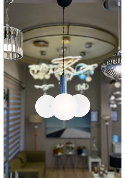 Globe Black & Silver TRİO BEYAZ Cam Avize