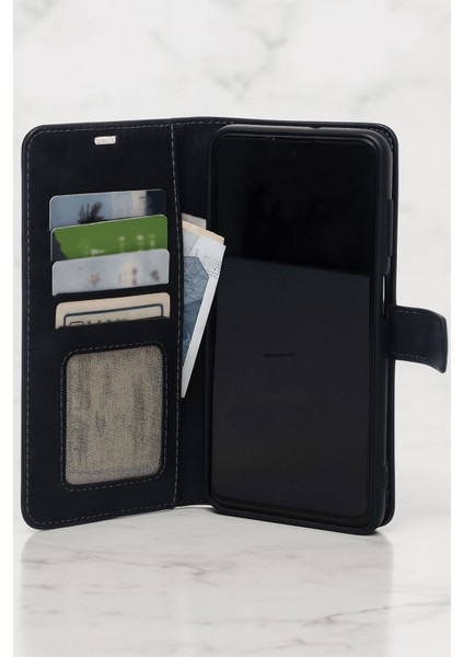 Reeder S23 Pro Max Kılıf %100 Hakiki Deri Kapaklı Kartlıklı Standlı Lacivert modelleri