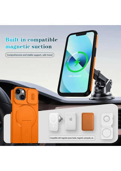iPhone 14/iphone 13 Için Manyetik Kılıf, Kayar Kamera Korumalı Çift Katmanlı Darbeye Dayanıklı Telefon Kılıfı, Ayarlanabilir Stand, Turuncu (Yurt Dışından) modelleri