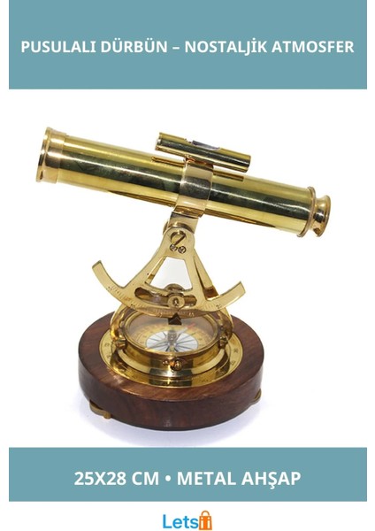 Ahşap Metal Masa Üstü Pusulalı Dürbün 25X28 cm Dekoratif Objeler