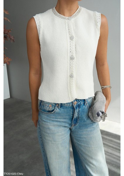 Kadın Bisiklet Yaka Taş Işleme Detaylı Pamuklu Yelek