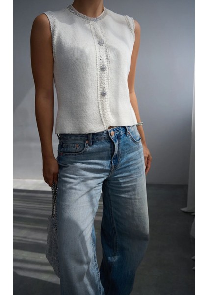 Kadın Bisiklet Yaka Taş Işleme Detaylı Pamuklu Yelek modelleri