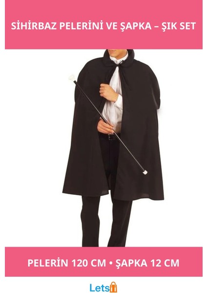 Siyah Yetişkin Sihirbaz Pelerini ve Şapkası 120 cm
