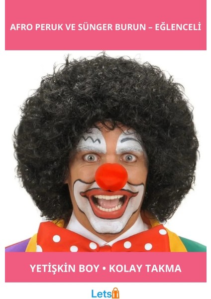Siyah Kıvırcık Afro Peruk ve Kırmızı Sünger Burun