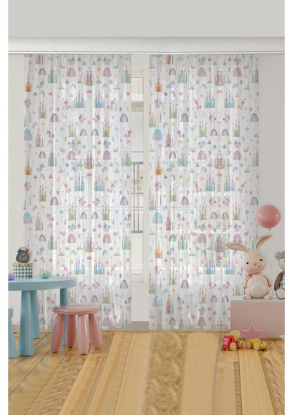 Hayal Şatosu Gökkuşağı Unicorn Çocuk Odası Tül Perde