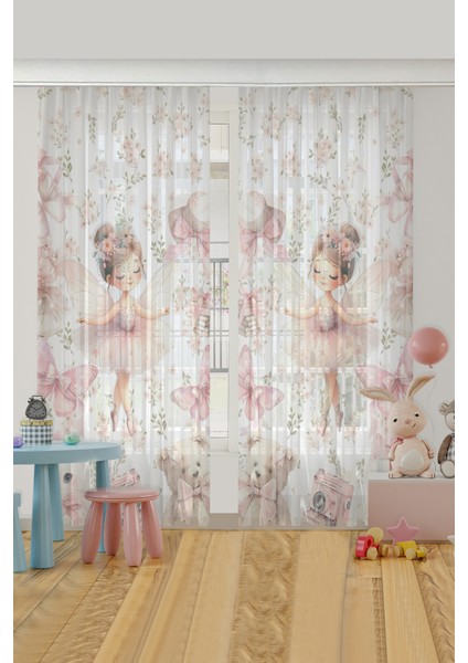 Pembe Balerin Peri Kedili Çocuk Odası Tül Perde