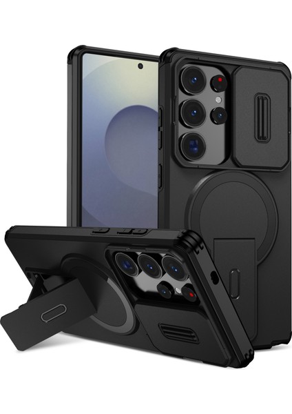 Samsung Galaxy S25 Ultra Için Manyetik Kılıf, Kayar Kamera Korumalı Çift Katmanlı Darbeye Dayanıklı Telefon Kılıfı, Ayarlanabilir Stand, Siyah (Yurt Dışından)