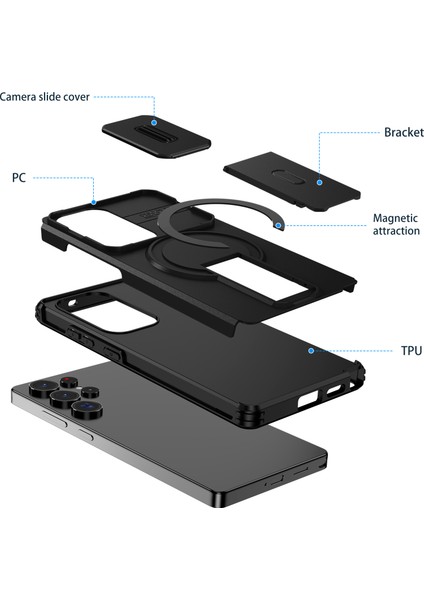 Samsung Galaxy S25 Ultra Için Manyetik Kılıf, Kayar Kamera Korumalı Çift Katmanlı Darbeye Dayanıklı Telefon Kılıfı, Ayarlanabilir Stand, Siyah (Yurt Dışından) fiyatları