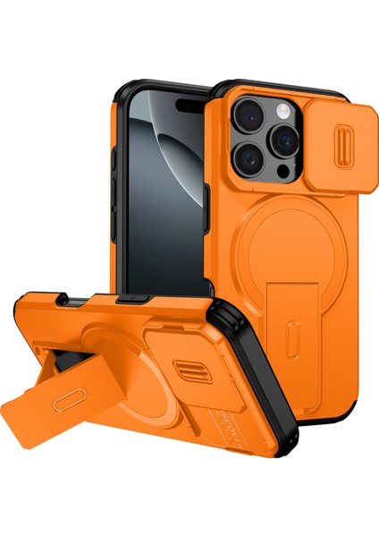 iPhone 16 Pro Için Manyetik Kılıf, Kayar Kamera Korumalı Çift Katmanlı Darbeye Dayanıklı Telefon Kılıfı, Ayarlanabilir Stand, Turuncu (Yurt Dışından)
