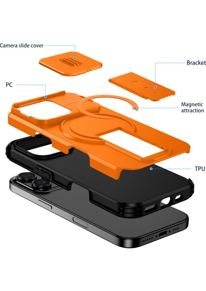 iPhone 16 Pro Için Manyetik Kılıf, Kayar Kamera Korumalı Çift Katmanlı Darbeye Dayanıklı Telefon Kılıfı, Ayarlanabilir Stand, Turuncu (Yurt Dışından) fiyatları