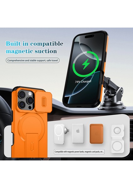 iPhone 16 Pro Için Manyetik Kılıf, Kayar Kamera Korumalı Çift Katmanlı Darbeye Dayanıklı Telefon Kılıfı, Ayarlanabilir Stand, Turuncu (Yurt Dışından) modelleri