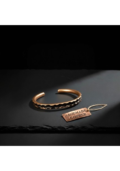 El Yapımı Saf Bakır Bileklik | Yakma Teknikli Oksitli Siyah | Kadın Erkek Sağlık Manşet Bileziği