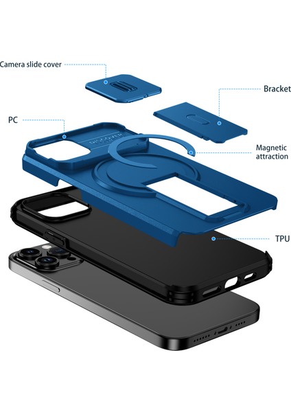 iPhone 14/iphone 13 Için Manyetik Kılıf, Kayar Kamera Korumalı Çift Katmanlı Darbeye Dayanıklı Telefon Kılıfı, Ayarlanabilir Stand, Mavi (Yurt Dışından) fiyatları