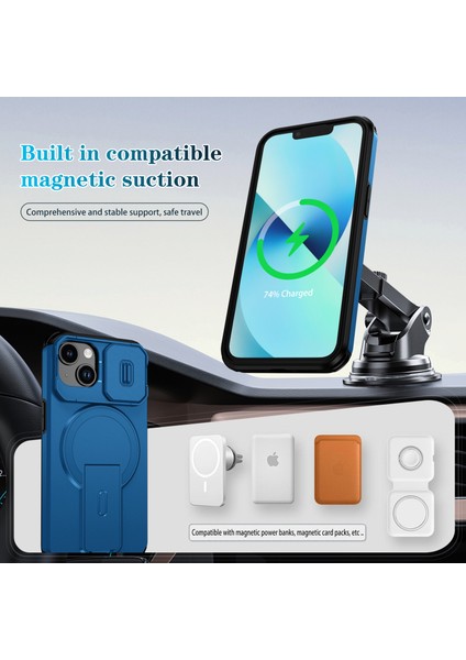 iPhone 14/iphone 13 Için Manyetik Kılıf, Kayar Kamera Korumalı Çift Katmanlı Darbeye Dayanıklı Telefon Kılıfı, Ayarlanabilir Stand, Mavi (Yurt Dışından) modelleri