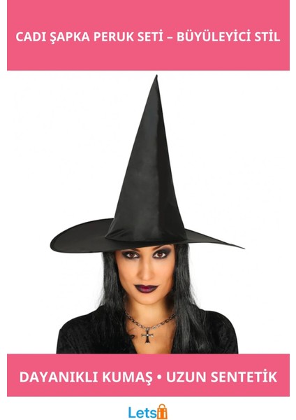 Yetişkin Boy Siyah Cadı Şapkası ve Uzun Siyah Cadı Peruğu