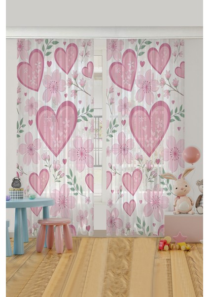 Kalp Bahçesi Çiçekli Kalpli Çocuk Odası Tül Perde