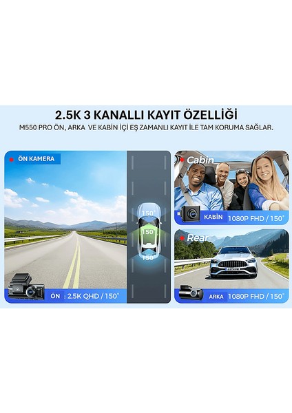 M550 Pro 3 Kameralı 150 ° Görüş Açışı 4K Ultra Hd Gece Görüşlü Wifi Araç Içi Kamera