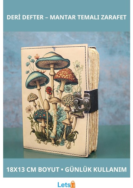 Mantar Temalı Deri Defter 18X13 cm Şık Tasarım