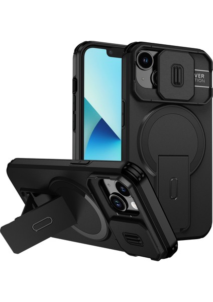iPhone 14/iphone 13 Için Manyetik Kılıf, Kayar Kamera Korumalı Çift Katmanlı Darbeye Dayanıklı Telefon Kılıfı, Ayarlanabilir Stand, Siyah (Yurt Dışından)