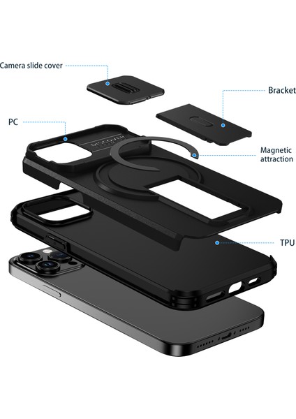 iPhone 14/iphone 13 Için Manyetik Kılıf, Kayar Kamera Korumalı Çift Katmanlı Darbeye Dayanıklı Telefon Kılıfı, Ayarlanabilir Stand, Siyah (Yurt Dışından) fiyatları