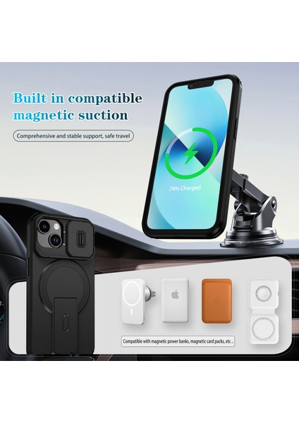 iPhone 14/iphone 13 Için Manyetik Kılıf, Kayar Kamera Korumalı Çift Katmanlı Darbeye Dayanıklı Telefon Kılıfı, Ayarlanabilir Stand, Siyah (Yurt Dışından) modelleri