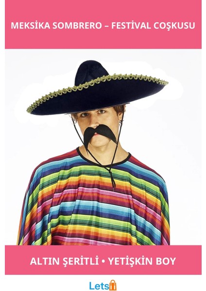 Altın Şeritli Sombrero Meksika Şapkası Yetişkin Boy