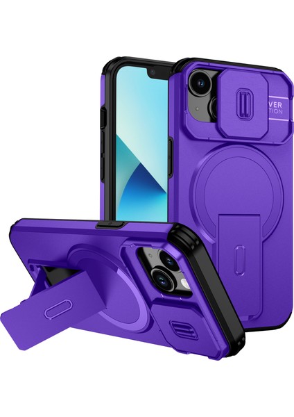 iPhone 14/iphone 13 Için Manyetik Kılıf, Kayar Kamera Korumalı Çift Katmanlı Darbeye Dayanıklı Telefon Kılıfı, Ayarlanabilir Stand, Mor (Yurt Dışından)