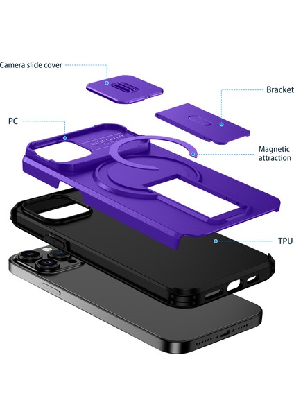 iPhone 14/iphone 13 Için Manyetik Kılıf, Kayar Kamera Korumalı Çift Katmanlı Darbeye Dayanıklı Telefon Kılıfı, Ayarlanabilir Stand, Mor (Yurt Dışından) fiyatları