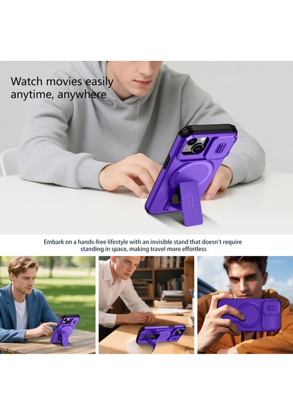 iPhone 14/iphone 13 Için Manyetik Kılıf, Kayar Kamera Korumalı Çift Katmanlı Darbeye Dayanıklı Telefon Kılıfı, Ayarlanabilir Stand, Mor (Yurt Dışından) indirimleri